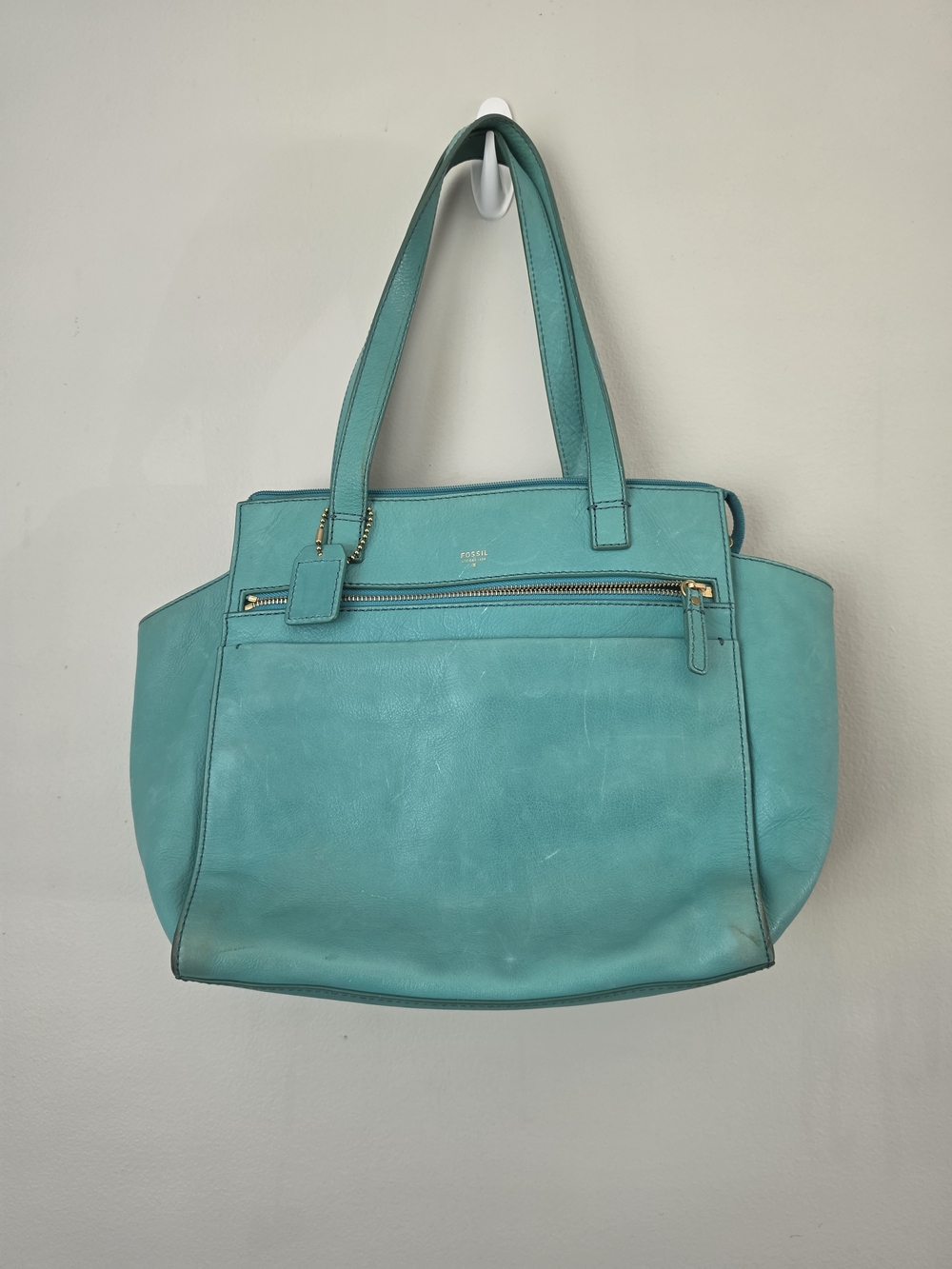 Fossil Aqua Leather Tote Bag with Gold Hardware